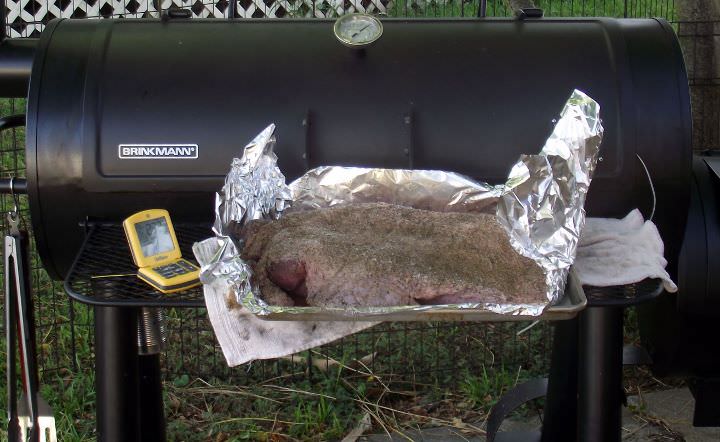 Brisket ready to hoist into the smoker.