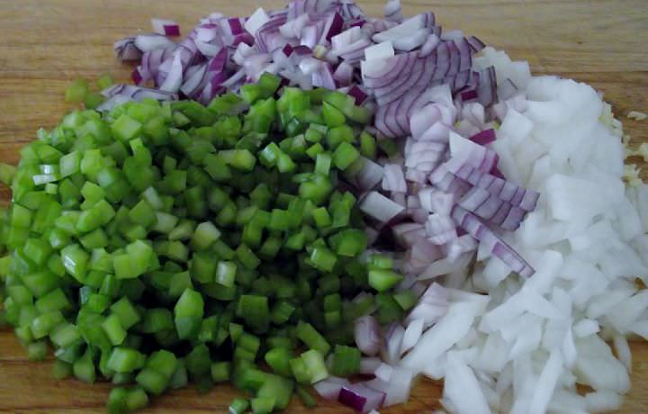 Diced onions, celery, and garlic.