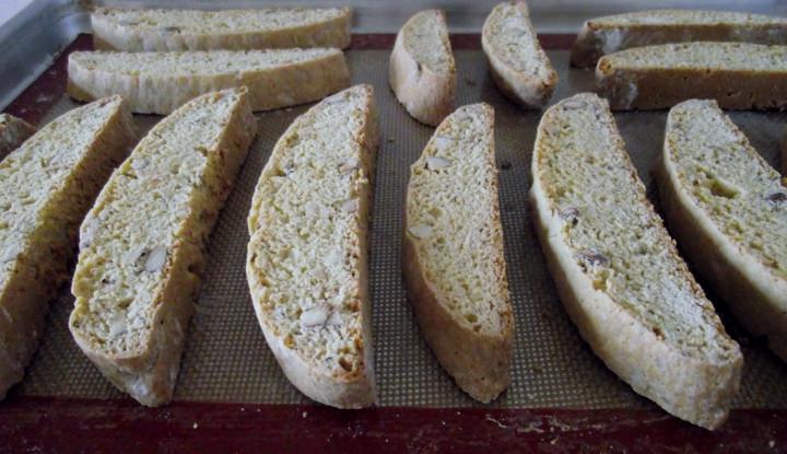 Biscotti cooling on a sheet pan.