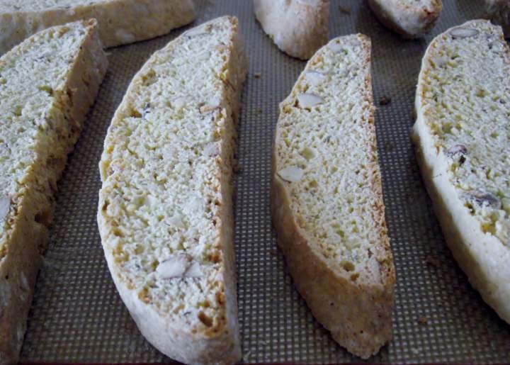 Biscotti cooling on a sheet pan.