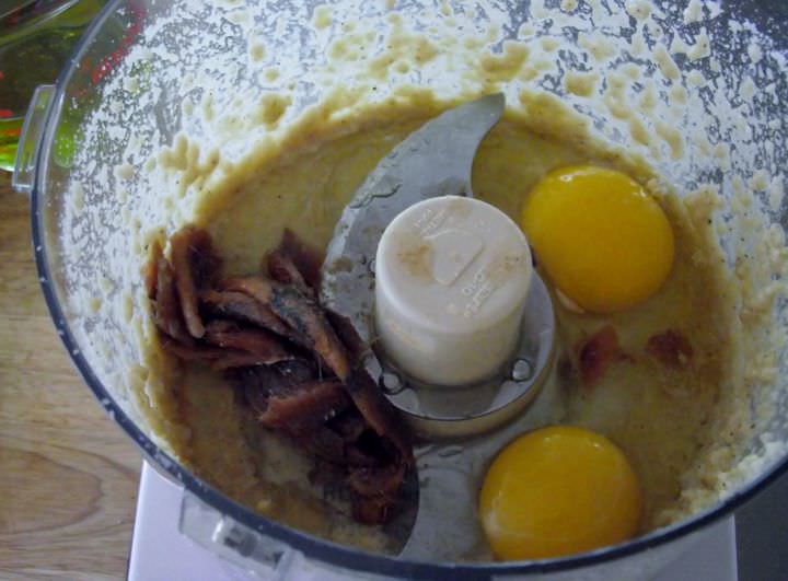 Anchovies, eggs, lemon juice, and Worcestershire for the Caesar dressing.