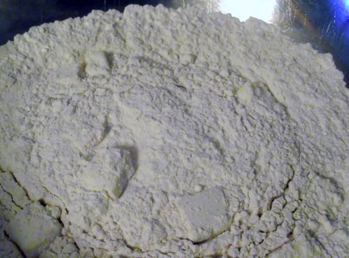 Cutting butter into the flour mixture for the cannoli shells.