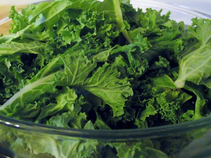 Kale washed and stemmed in a bowl.