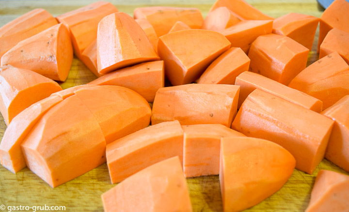 Sweet potatoes cut into equal size chunks.