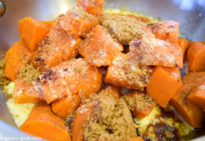 Adding the remaining ingredients to the cooked sweet potatoes.